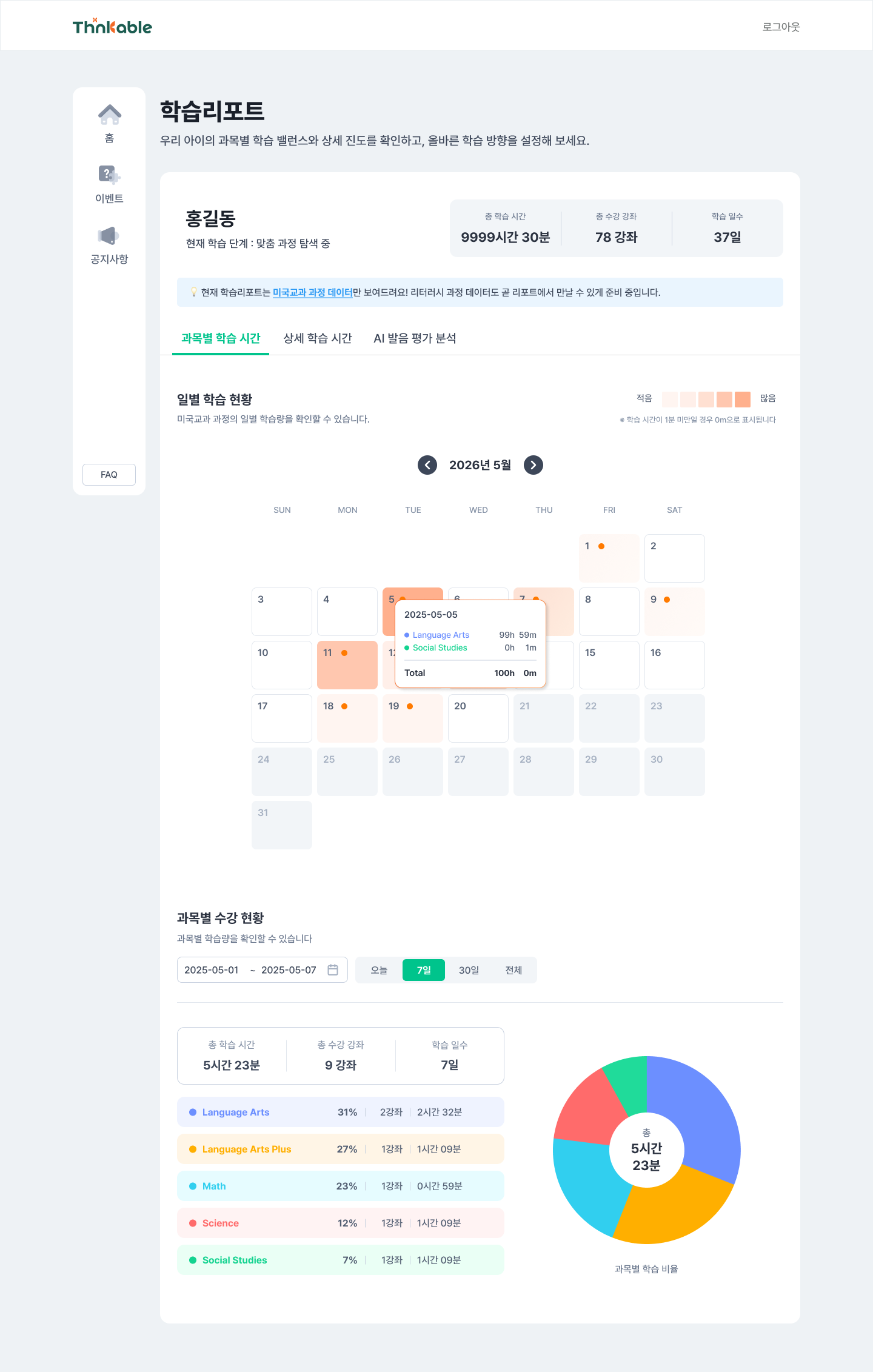씽커블 학습관 학습리포트 화면 미리보기